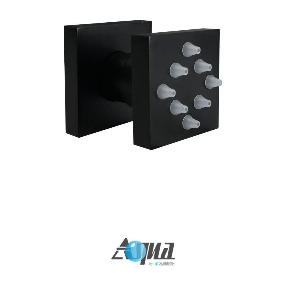 Aqua Piazza Matte Black Shower Set, 8" Square Rain Shower, 4 Body Jets, Tub Fill