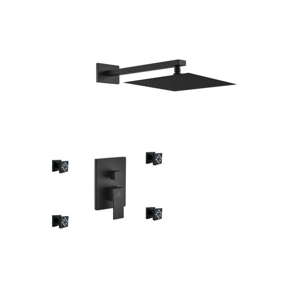 Aqua Piazza Matte Black Shower Set With 12" Square Rain Shower and 4 Body Jets