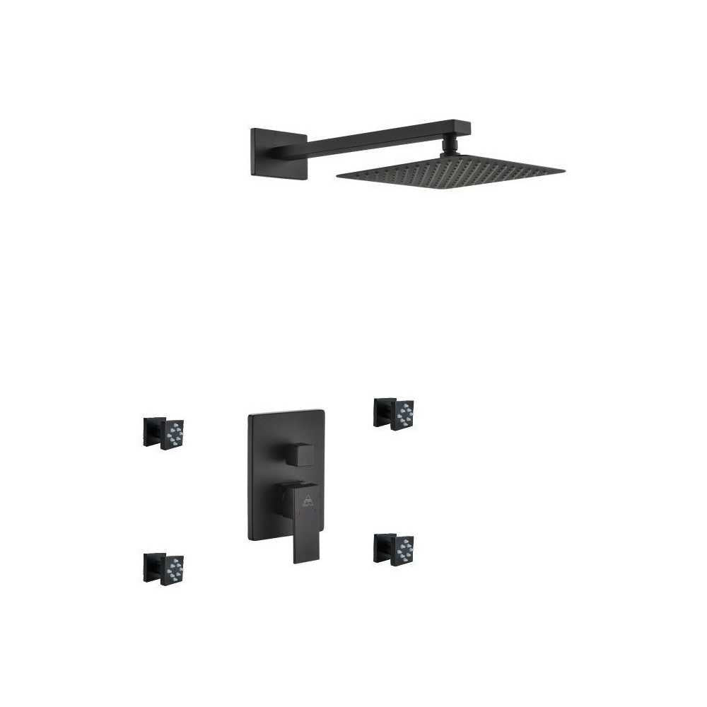 Aqua Piazza Matte Black  Shower Set With 8" Square Rain Shower and 4 Body Jets