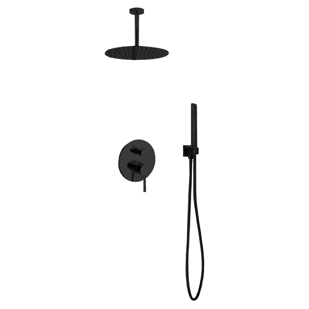 Aqua Rondo Matte Black Shower Set With Ceiling Mount 12" Rain Shower and Handhel