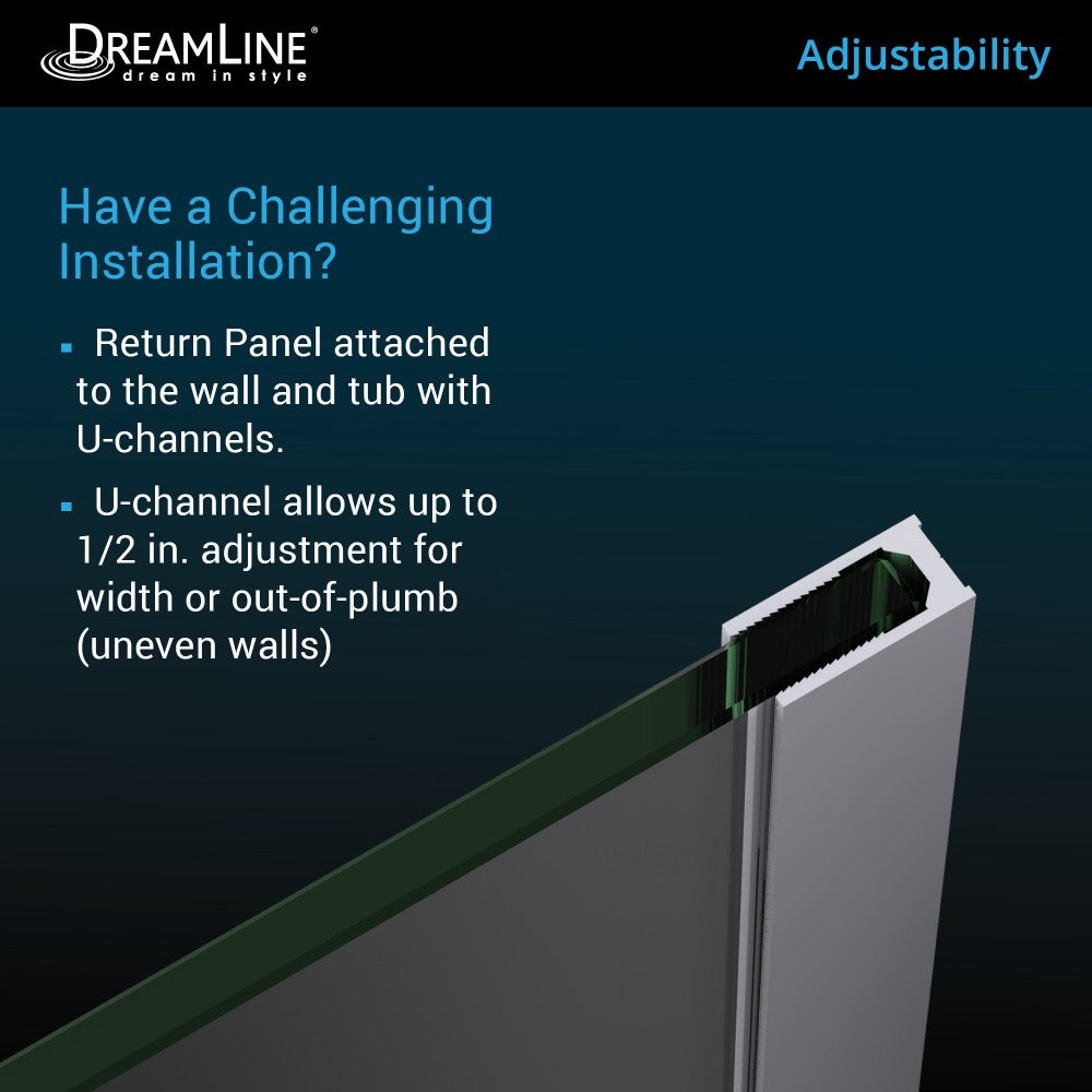 Aqua Uno 56-60 in. W x 30 in. D x 58 in. H Frameless Hinged Tub Door with Return Panel in Chrome