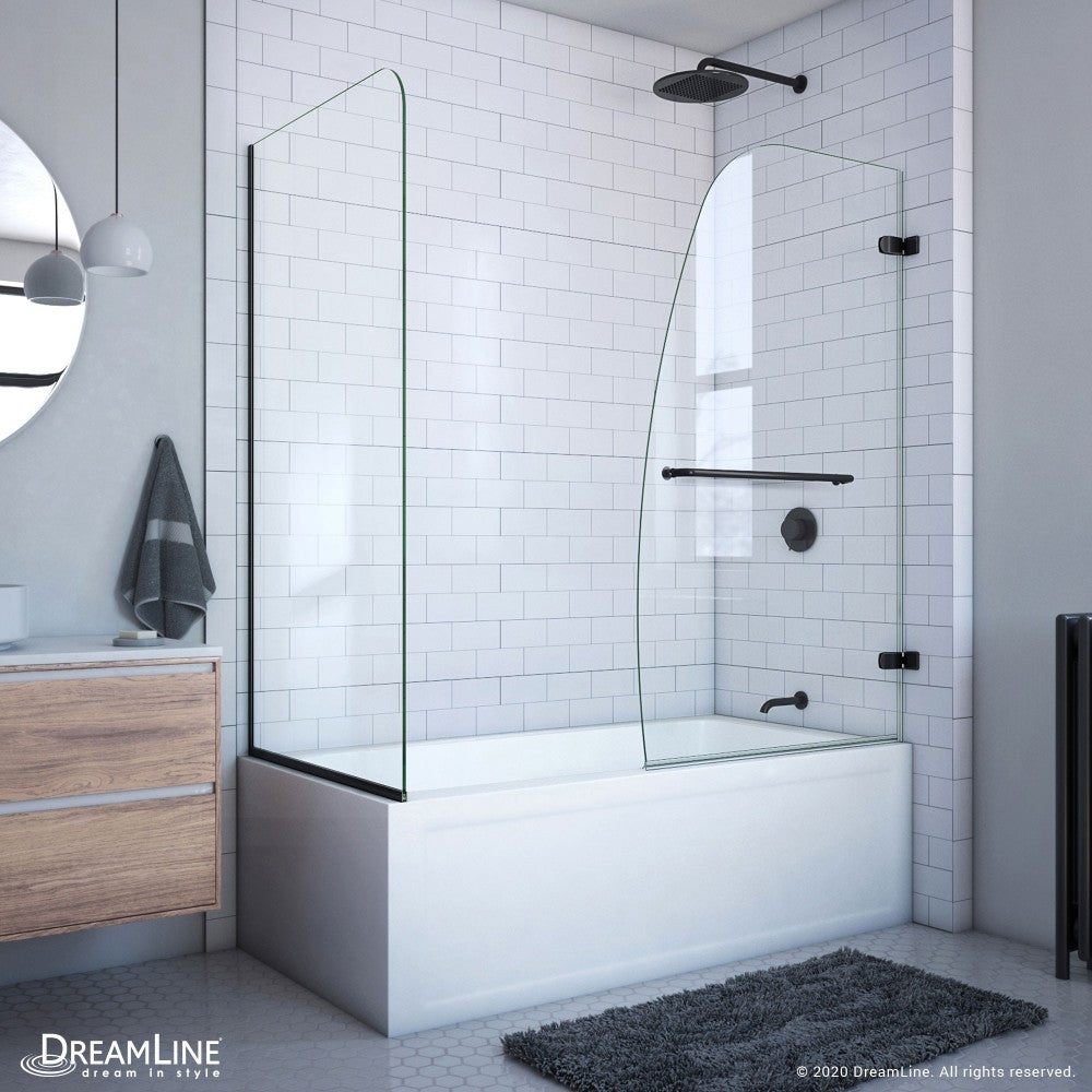 Aqua Uno 56-60 in. W x 30 in. D x 58 in. H Frameless Hinged Tub Door with Return Panel in Satin Black