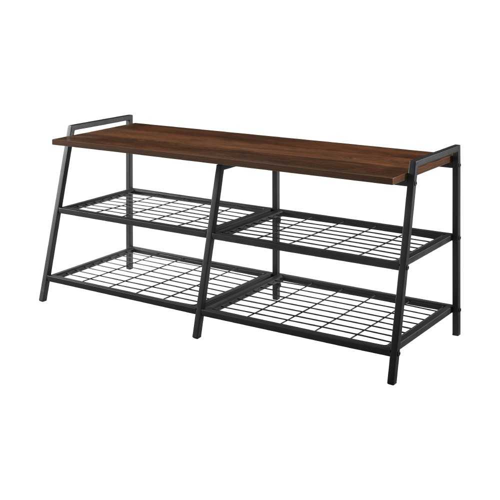 Arlo 42" Industrial Metal and Wood Entry Bench with Shoe Rack - Dark Walnut