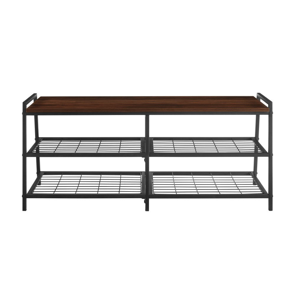 Arlo 42" Industrial Metal and Wood Entry Bench with Shoe Rack - Dark Walnut