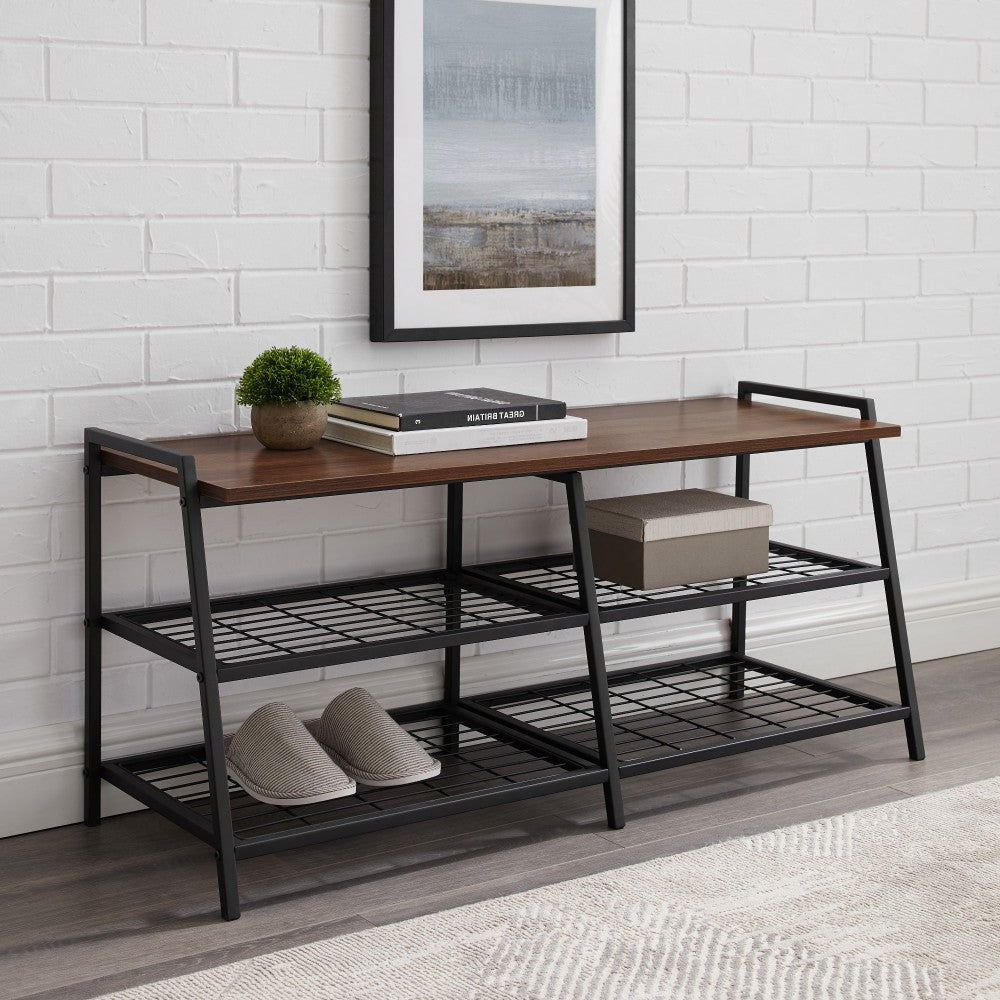 Arlo 42" Industrial Metal and Wood Entry Bench with Shoe Rack - Dark Walnut