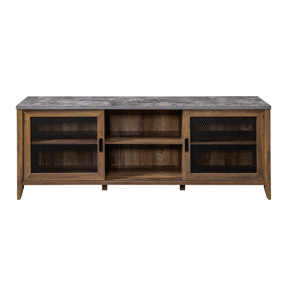 Arthur 70" Industrial Sliding Mesh Door TV Stand - Faux Dark Concrete/Rustic Oak