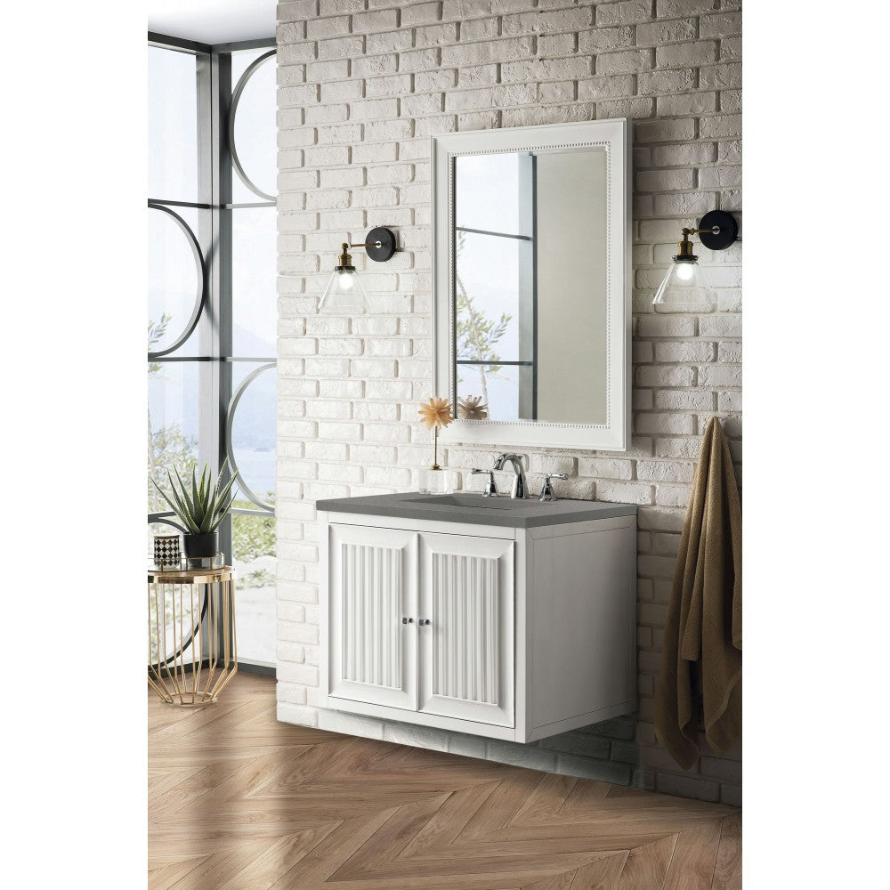 Athens 30" Single Vanity Cabinet, Glossy White, w/ 3 CM Gray Expo Quartz Top