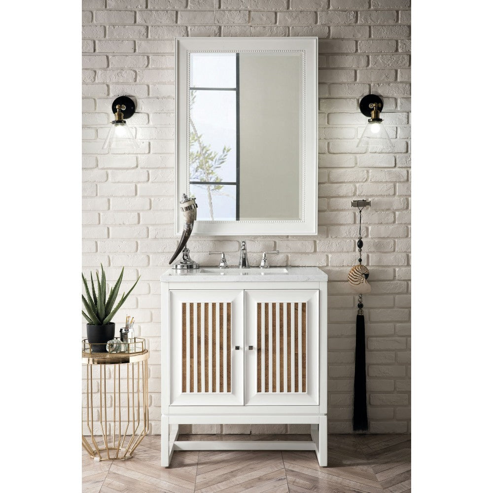 Athens 30" Single Vanity Cabinet, Glossy White, w/ 3 CM Carrara White Top