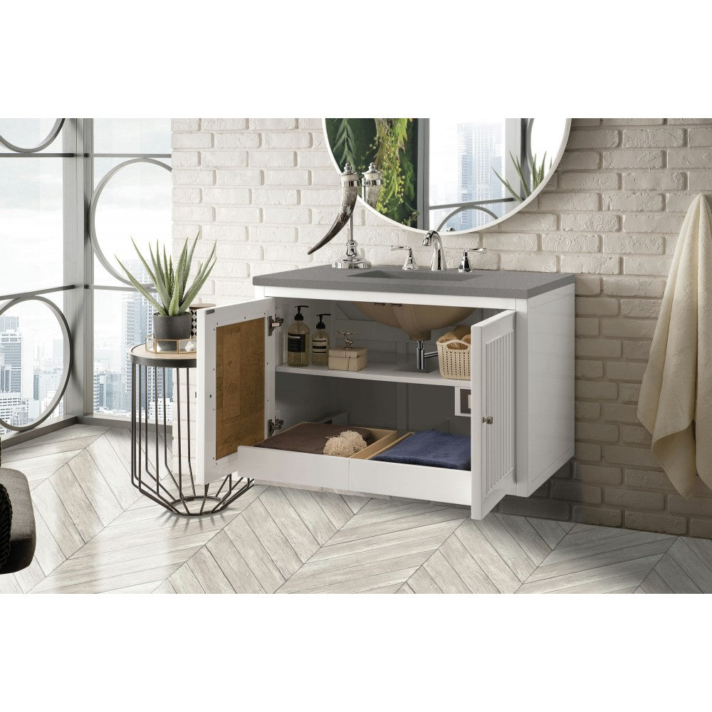 Athens 36" Single Vanity Cabinet, Glossy White, w/ 3 CM Gray Expo Quartz Top