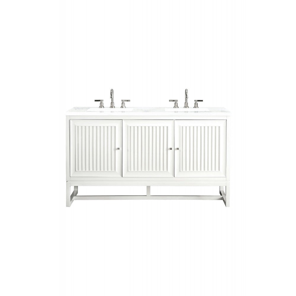 Athens 60" Double Vanity, Glossy White, w/ 3 CM Arctic Fall Solid Surface Top
