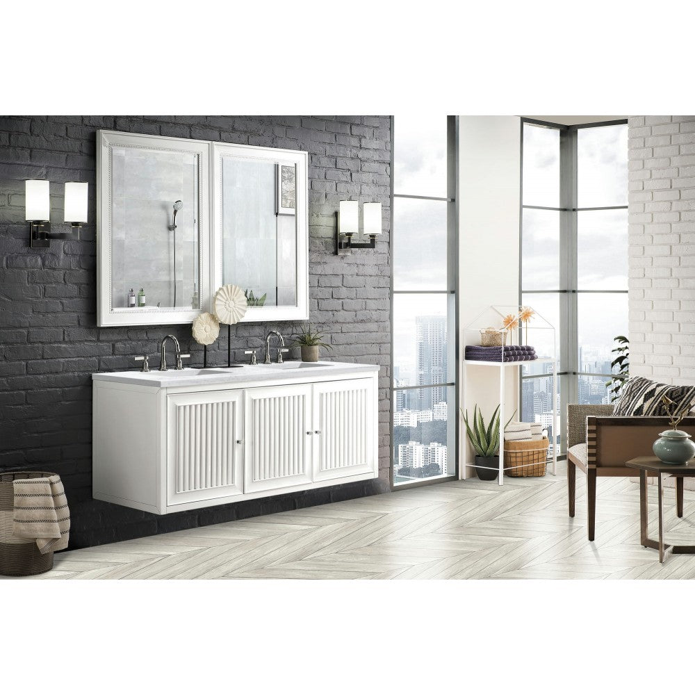Athens 60" Double Vanity, Glossy White, w/ 3 CM Arctic Fall Solid Surface Top