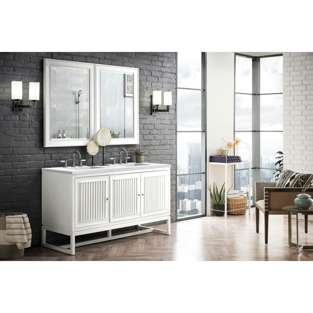 Athens 60" Double Vanity, Glossy White, w/ 3 CM Arctic Fall Solid Surface Top