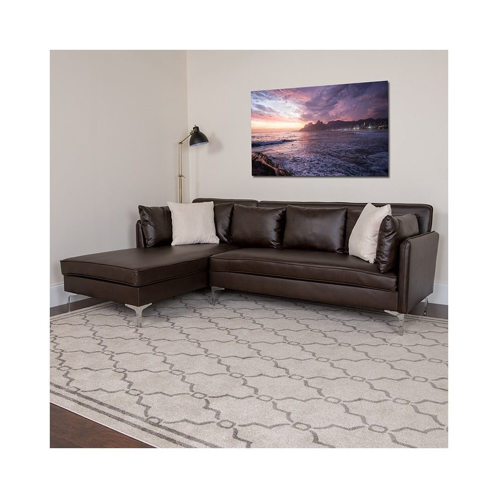 Back Bay Upholstered Accent Pillow Back Sectional with Left Side Facing Chaise in Brown LeatherSoft