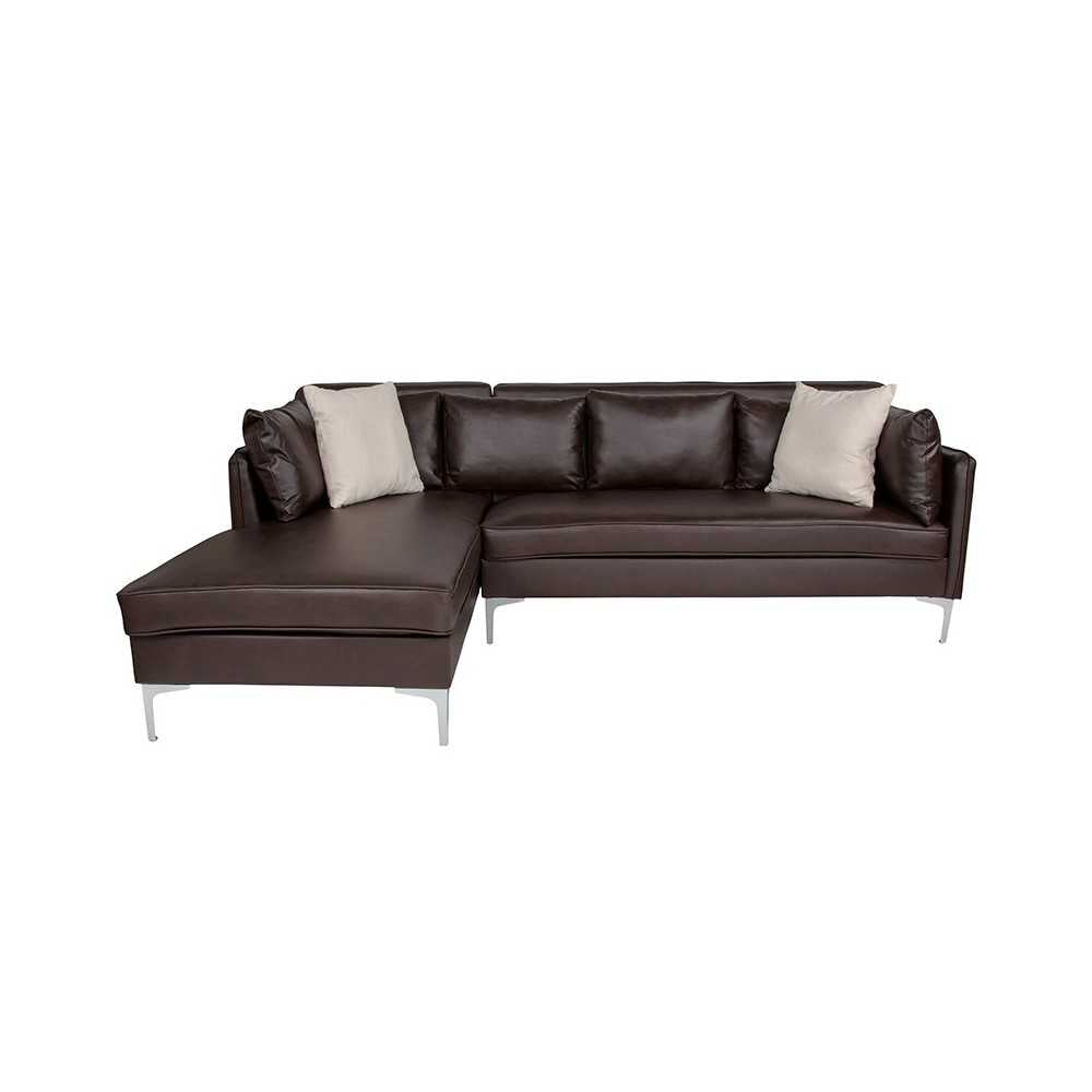 Back Bay Upholstered Accent Pillow Back Sectional with Left Side Facing Chaise in Brown LeatherSoft