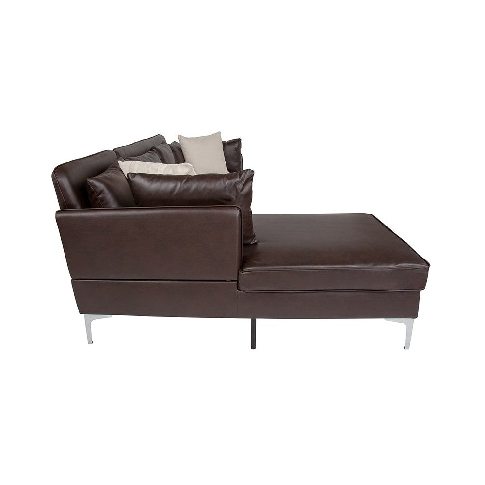 Back Bay Upholstered Accent Pillow Back Sectional with Left Side Facing Chaise in Brown LeatherSoft