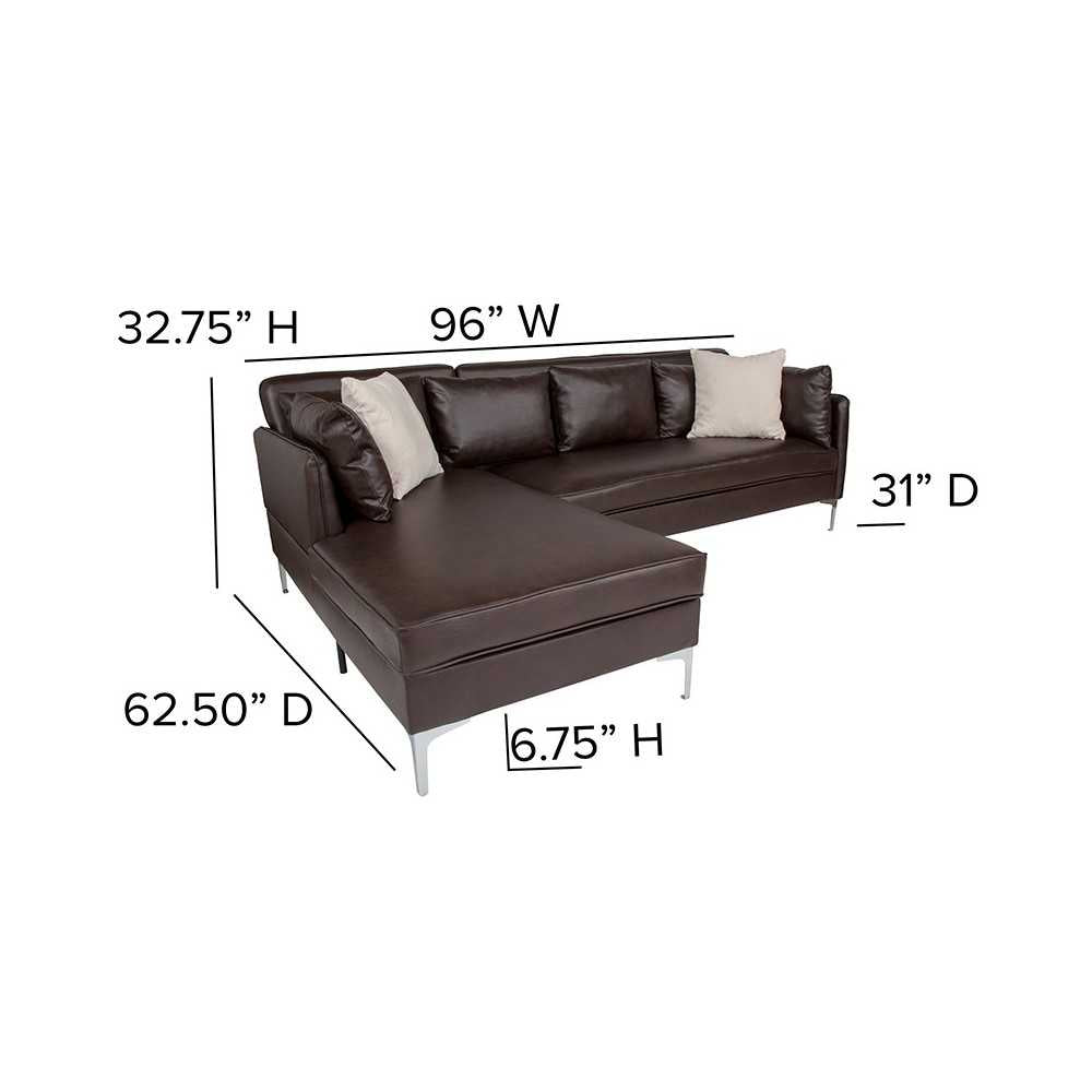 Back Bay Upholstered Accent Pillow Back Sectional with Left Side Facing Chaise in Brown LeatherSoft