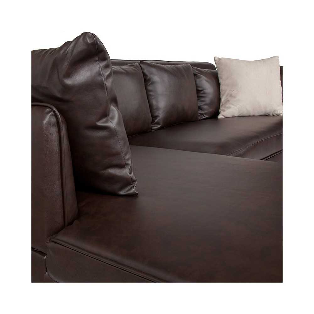 Back Bay Upholstered Accent Pillow Back Sectional with Left Side Facing Chaise in Brown LeatherSoft
