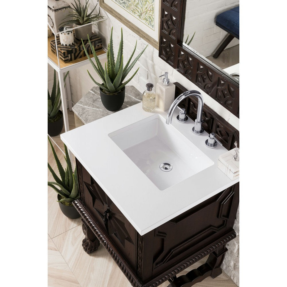Balmoral 26" Single Vanity, Antique Walnut, w/ 3 CM Classic White Quartz Top