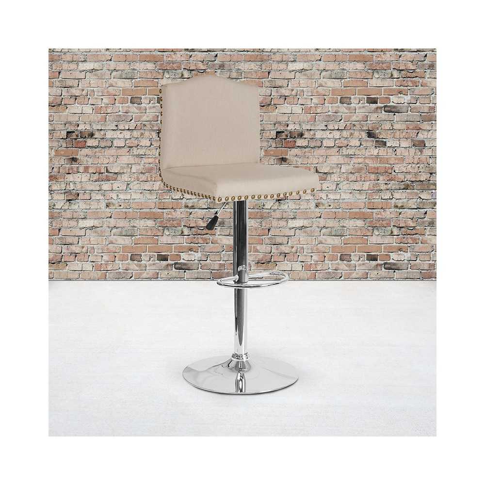 Bellagio Contemporary Adjustable Height Barstool with Accent Nail Trim in Beige Fabric