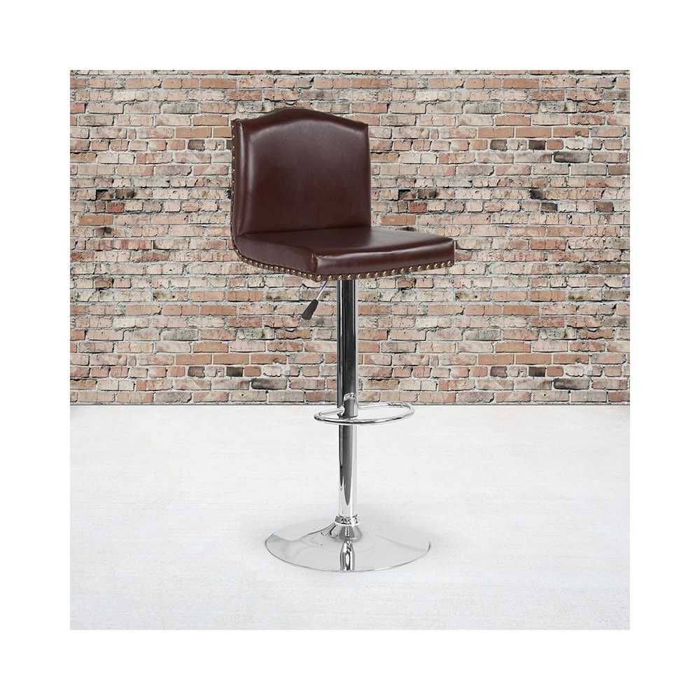 Bellagio Contemporary Adjustable Height Barstool with Accent Nail Trim in Brown LeatherSoft