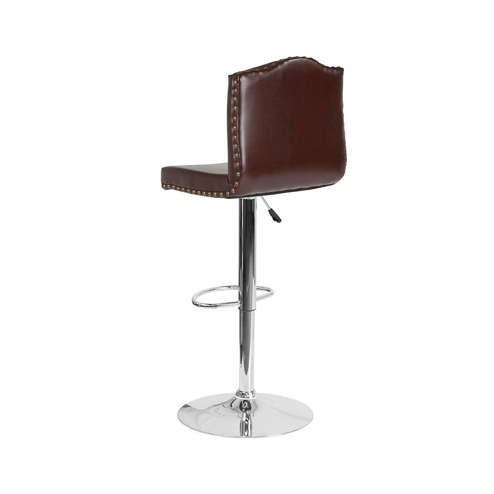 Bellagio Contemporary Adjustable Height Barstool with Accent Nail Trim in Brown LeatherSoft