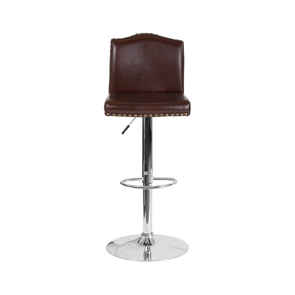 Bellagio Contemporary Adjustable Height Barstool with Accent Nail Trim in Brown LeatherSoft