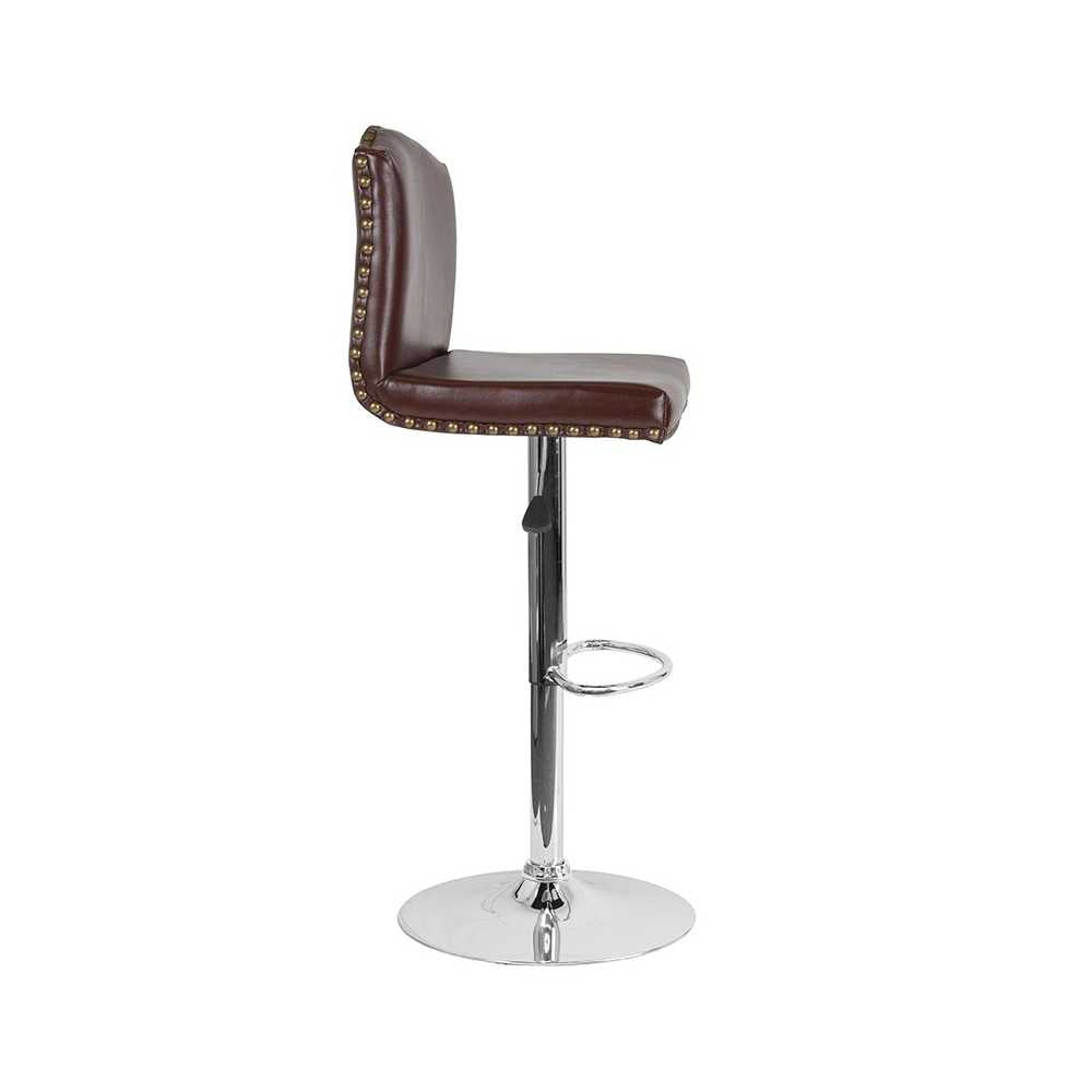 Bellagio Contemporary Adjustable Height Barstool with Accent Nail Trim in Brown LeatherSoft