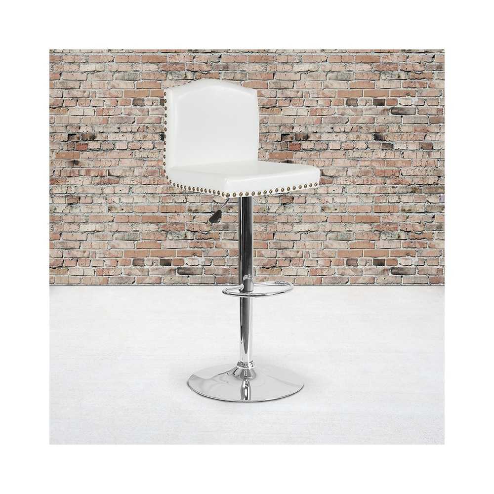 Bellagio Contemporary Adjustable Height Barstool with Accent Nail Trim in White LeatherSoft