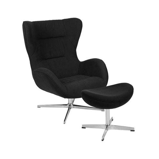 Black Fabric Swivel Wing Chair and Ottoman Set