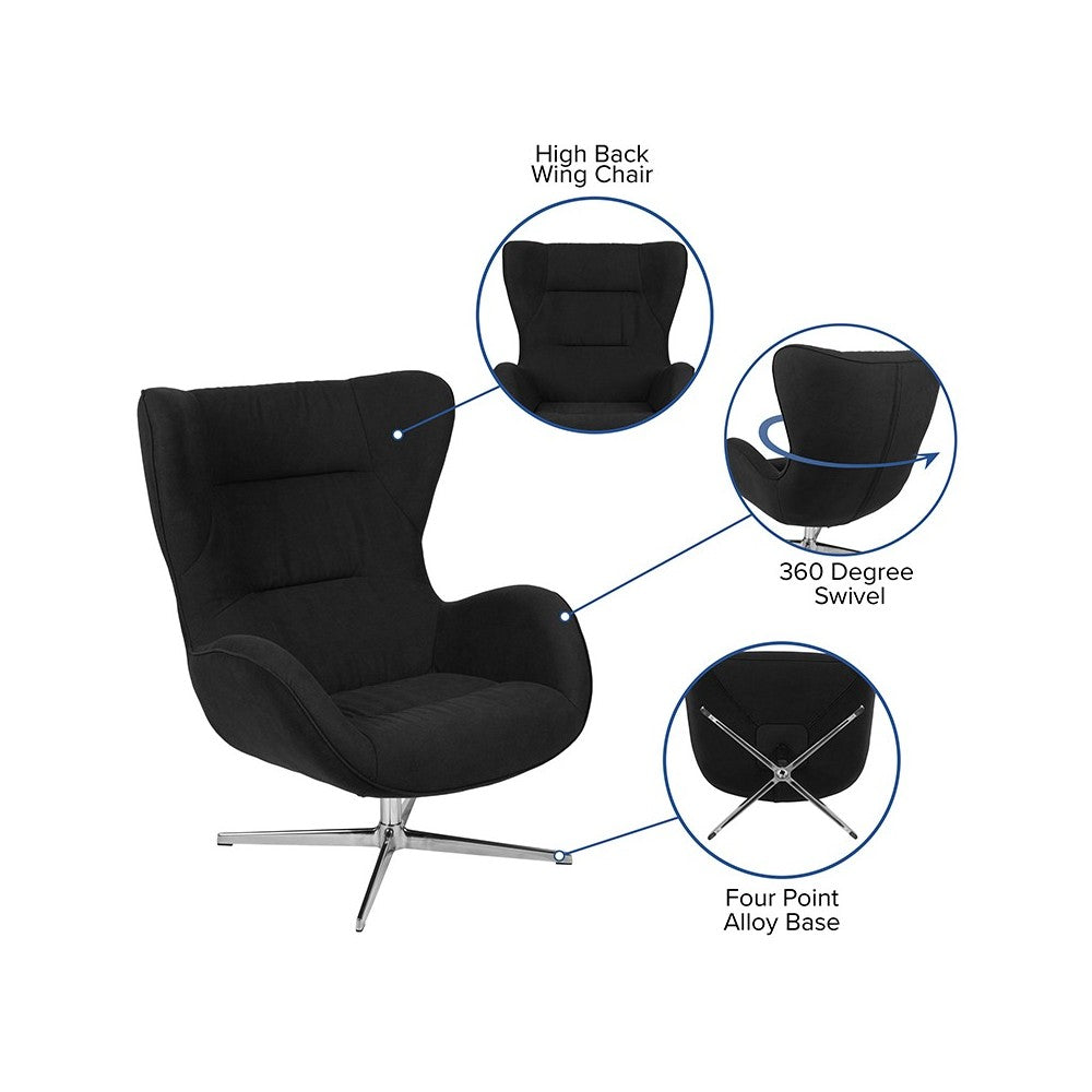 Black Fabric Swivel Wing Chair and Ottoman Set