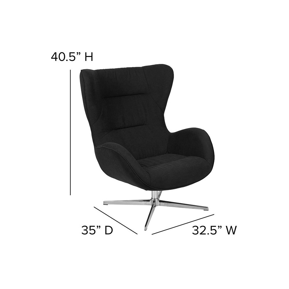 Black Fabric Swivel Wing Chair and Ottoman Set