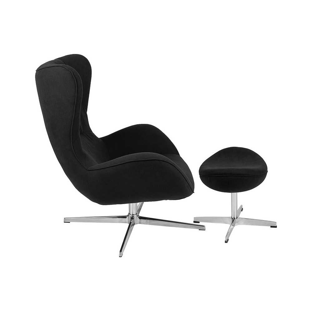 Black Fabric Swivel Wing Chair and Ottoman Set