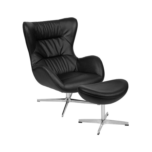 Black LeatherSoft Swivel Wing Chair and Ottoman Set