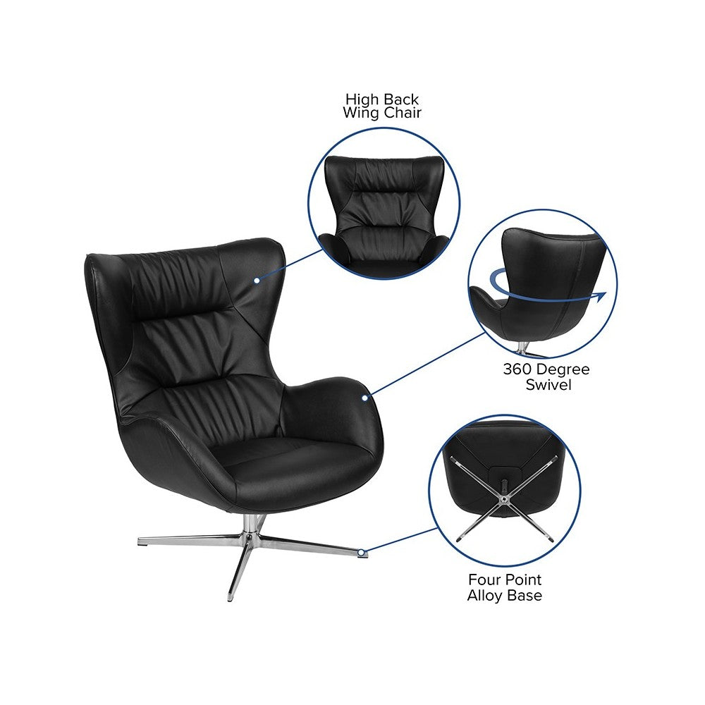 Black LeatherSoft Swivel Wing Chair and Ottoman Set