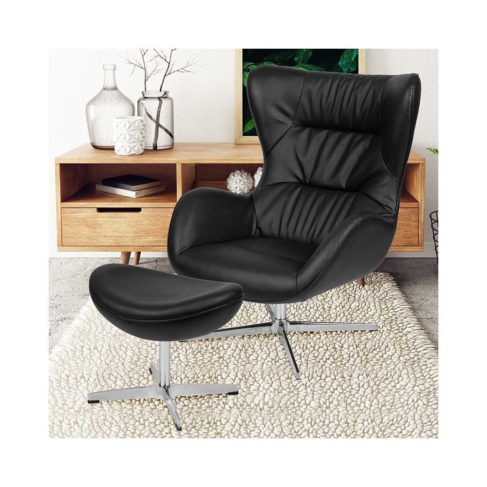 Black LeatherSoft Swivel Wing Chair and Ottoman Set