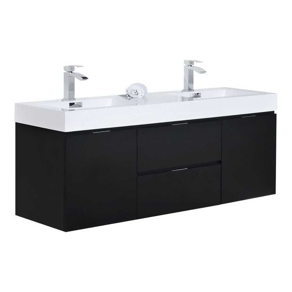 Bliss 60" Double  Sink Black Wall Mount Modern Bathroom Vanity