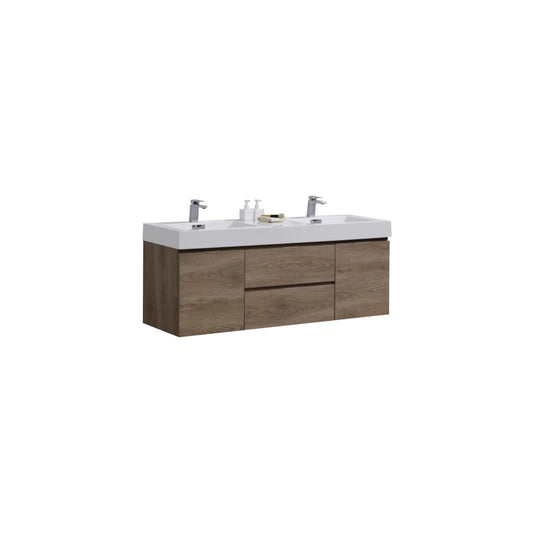 Bliss 60" Double  Sink Butternut Wall Mount Modern Bathroom Vanity