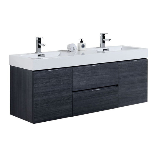 Bliss 60" Double Sink Gray Oak Wall Mount Modern Bathroom Vanity