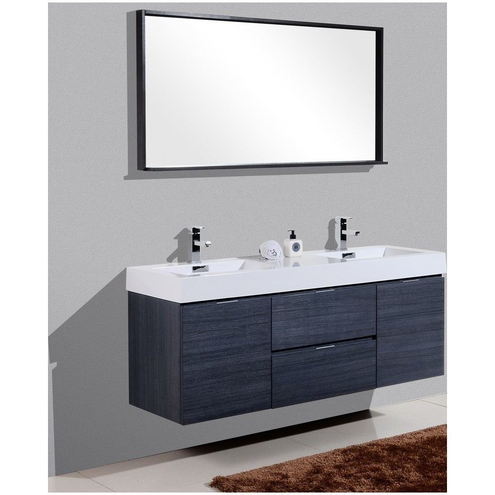 Bliss 60" Double Sink Gray Oak Wall Mount Modern Bathroom Vanity