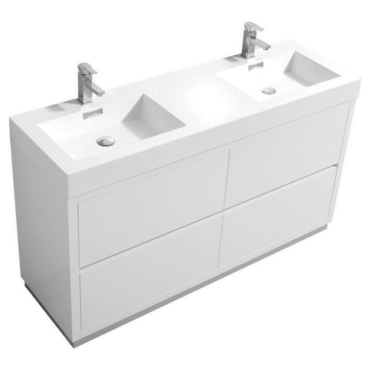 Bliss 60" Double Sink High Gloss White Free Standing Modern Bathroom Vanity