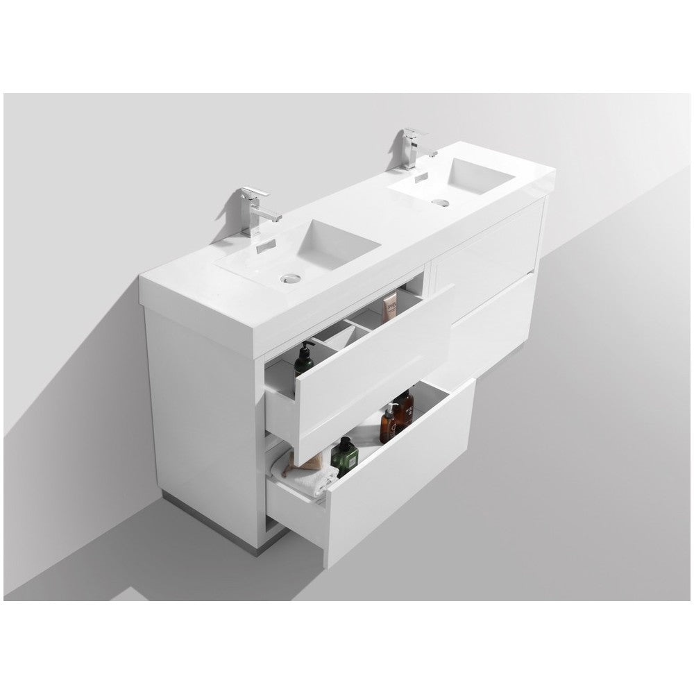 Bliss 60" Double Sink High Gloss White Free Standing Modern Bathroom Vanity