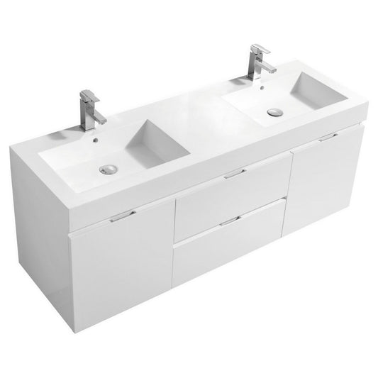 Bliss 60" Double Sink High Gloss White Wall Mount Modern Bathroom Vanity