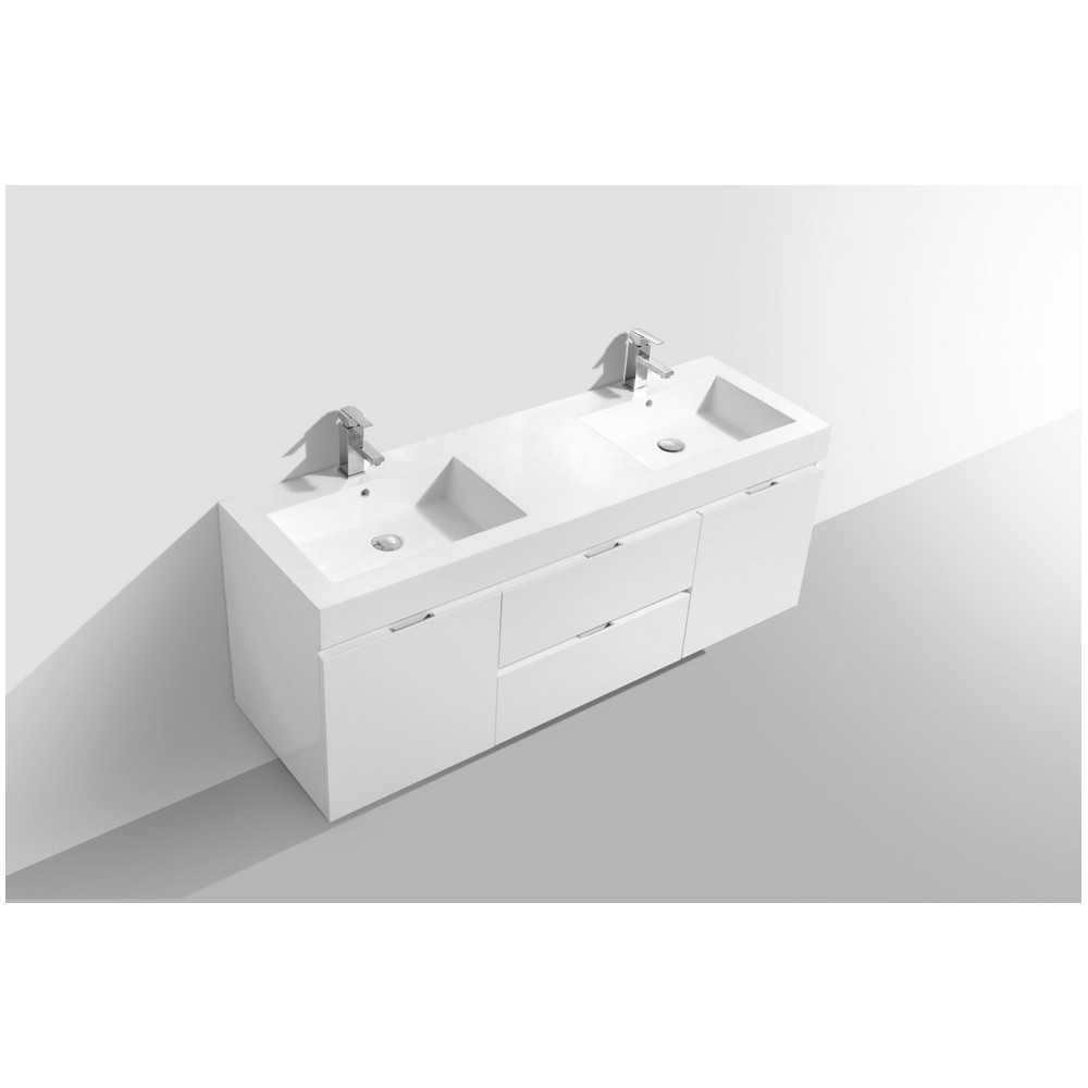 Bliss 60" Double Sink High Gloss White Wall Mount Modern Bathroom Vanity