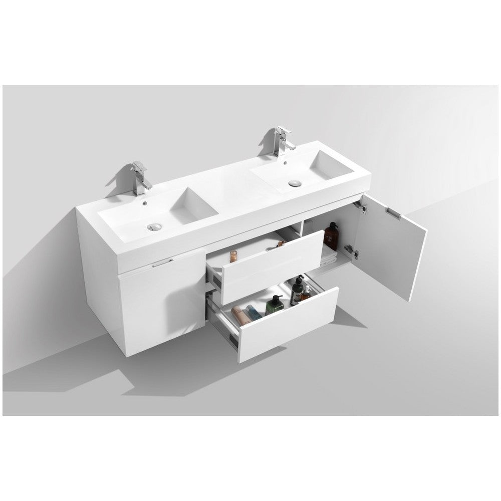 Bliss 60" Double Sink High Gloss White Wall Mount Modern Bathroom Vanity