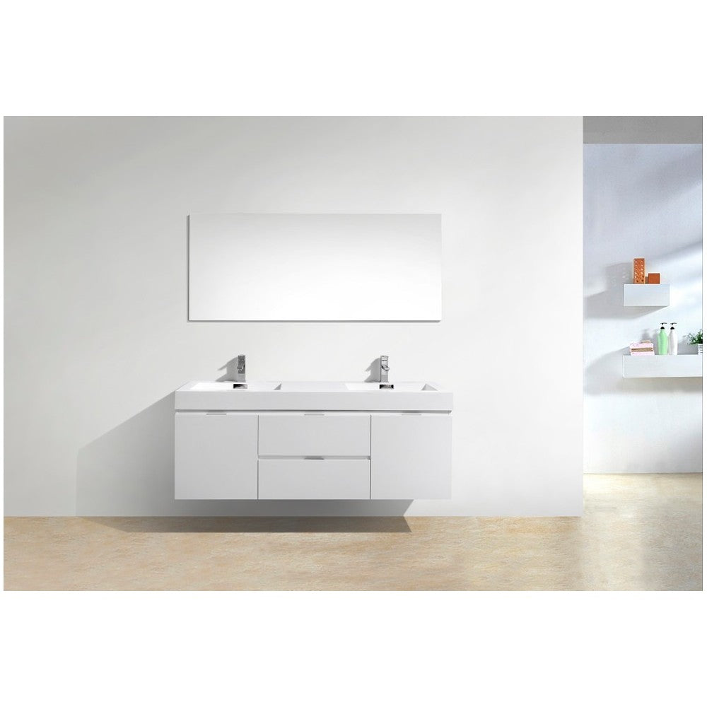 Bliss 60" Double Sink High Gloss White Wall Mount Modern Bathroom Vanity