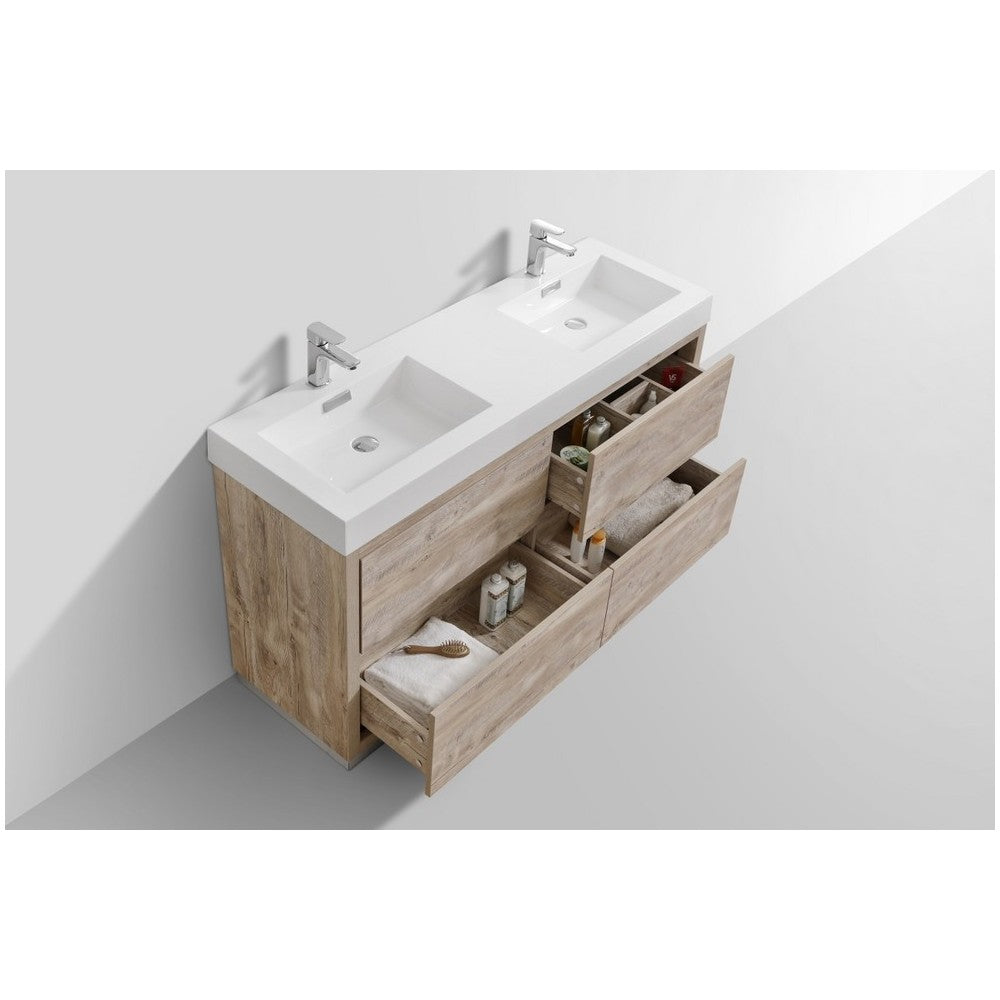 Bliss 60" Double  Sink Nature Wood Free Standing Modern Bathroom Vanity