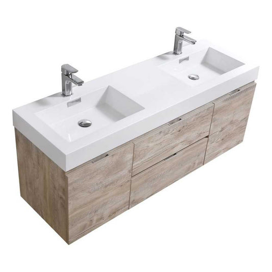 Bliss 60" Double  Sink Nature Wood Wall Mount Modern Bathroom Vanity