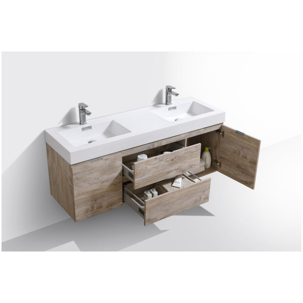 Bliss 60" Double  Sink Nature Wood Wall Mount Modern Bathroom Vanity