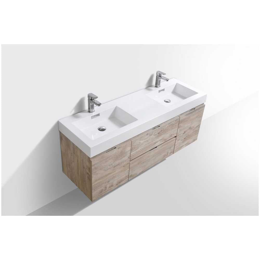 Bliss 60" Double  Sink Nature Wood Wall Mount Modern Bathroom Vanity