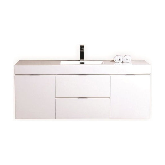 Bliss 60" Single Sink Wall Mount Modern Bathroom Vanity, High Gloss White